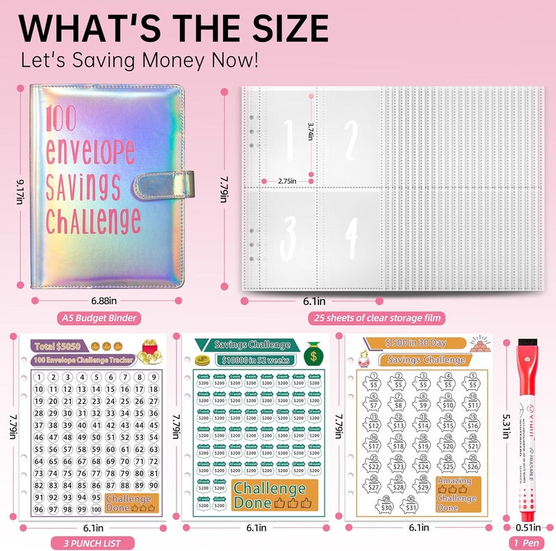 gusutide 100 Envelope Savings Challenge Binder, Money Saving Binder with Cash Envelopes, from 30 Days to 52 Weeks, to Save $500,$5,050 and $10,000, back to school supplies,gift for children (silver pink) - Image 2